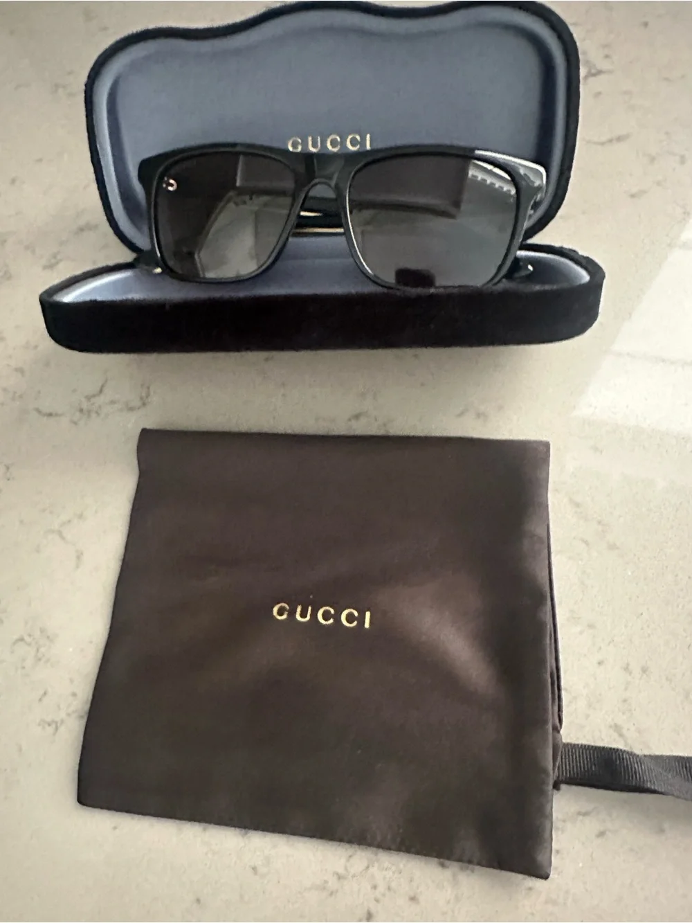 Gucci Men’s Black Sunglasses with Gold and Red-Green Stripe Accents
